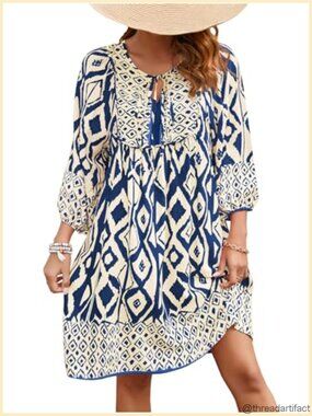 Women's Rayon 3/4 Sleeve Boho Floral Babydoll Summer Dress